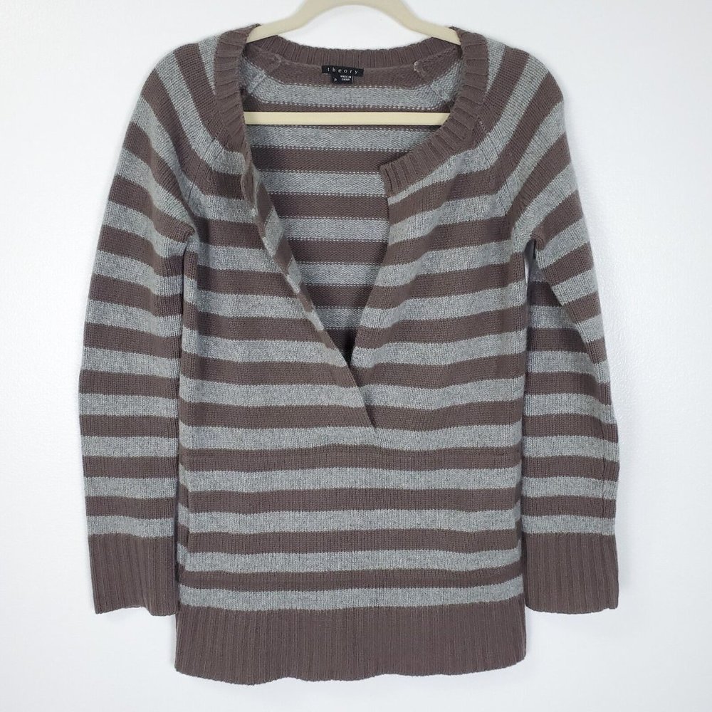Theory Sweater Womens P Gray Brown XS Striped Cashmere V Neck Zahara Pullover